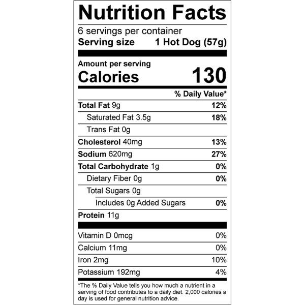 Nutrition Facts for Dakota Pure Bison Hot Dogs