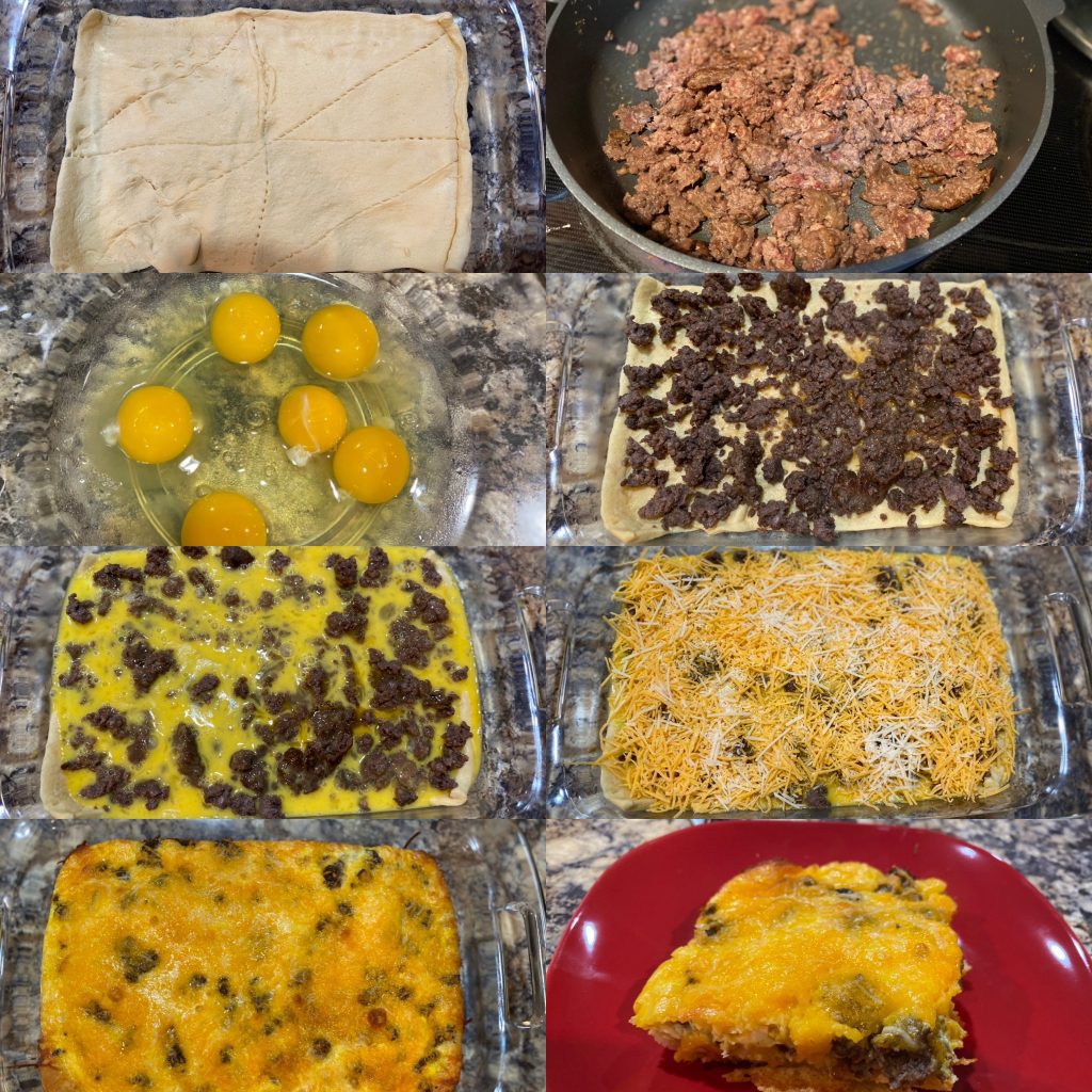 collage showing 6 steps in this egg bake recipe